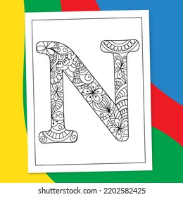 A to Z Hand-drawn Mandala Alphabet letter Coloring page. alphabet letter flower coloring book pages. A-Z letter mandala coloring page doodle