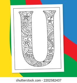 A to Z Hand-drawn Mandala Alphabet letter Coloring page. alphabet letter flower coloring book pages. A-Z letter mandala coloring page doodle
