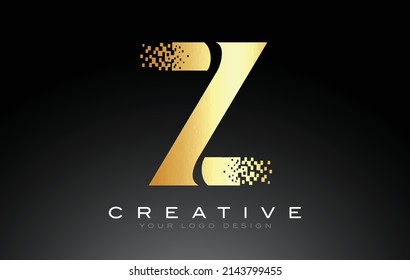Diseño del logotipo de la carta inicial Z con píxeles digitales en colores dorados.