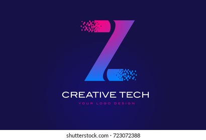 Z Initial Letter Logo Design with Digital Pixels in Blue and Purple Colors.