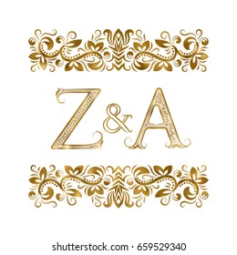 Z and A initials vintage logo. The letters surrounded by ornamental elements. Wedding or business partners monogram in royal style.