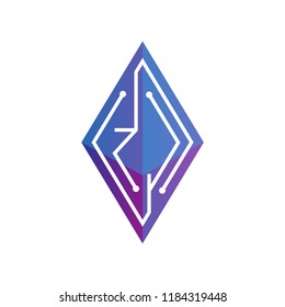 Z J Initial letter block chain logo icon vector template. Looping mono line circuit letter on rhombus cube logo
