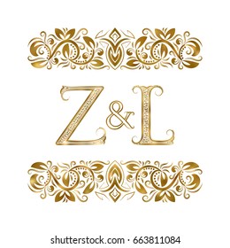 Z and L initials vintage logo. The letters surrounded by ornamental elements. Wedding or business partners monogram in royal style.