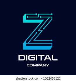 The Z letter 3 dimensions or 3D with dot and technology symbol on dark blue background in the style of modern. This logo is suitable for industrial, mechanical, connection, business and automotive.