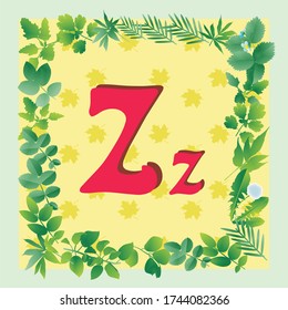 z letter alphabet with a frame of green leaves