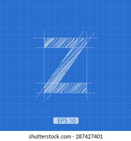 Z letter architectural plan on blue print background