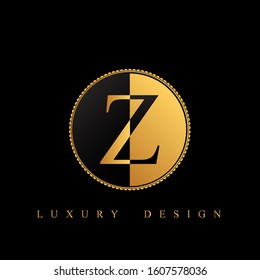 Z letter with black and golden colors in circle frame vector illustration. Modern letter for logo, label, cover, card, invitation, book title, first page, gold business name, shop, boutique, web page.