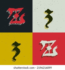 Z letter blackletter style logo set with grunge texture. Stylish horror gothic icon font. Perfect for retro style identity, music album covers, movie posters, luxury packaging, medieval design.