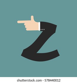 Z letter businessman hand font. It shows finger print. Arm symbol alphabet. Sign of ABC