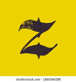 Z letter calligraphy logo in horror style with grunge texture. Stylish terrible font for your fear corporate identity, circus emblem, nightlife posters, medieval style design, and etc. 