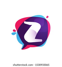 Z letter chat app logo at colorful watercolor splash background. Color multiply style. Bubble speech vector typeface for labels, headlines, posters, cards etc.