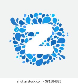 Z letter in a circle of splashes and drops of water. Font style, vector design template elements for your ecology application or corporate identity.