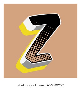 Z letter comic alphabet retro with dotted textures and 3D effects
