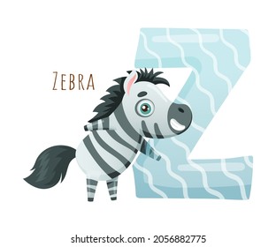 Z letter and cute zebra baby animal. Zoo alphabet for children education, home or kindergarten decor cartoon vector illustration