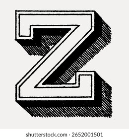 Letra Z, Diferentes tipos de sombreamentos na ilustração de fonte isolada em branco, vetor. Fonte criativa e letra de tipografia, vetor isolado. Fonte preta vintage.