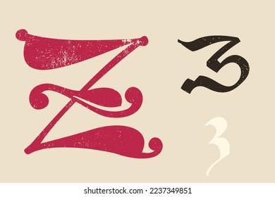 Z letter drop cap logo. Illuminated initial and blackletter uppercase and lowercase. All you need to precisely imitate medieval text. Decorative element for the beginning of a paragraph or section.