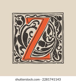 Z letter drop cap logo in medieval engraving style. Blackletter square initial. Illuminated dark-age emblem with lush foliage and tulips. Perfect for vintage identity, gothic posters, luxury packaging