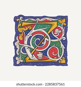 Z letter drop cap logo with interlaced white vine and gilding calligraphy elements. Renaissance initial emblem. Medieval dim colored fancy luxury icon based on Ottonian and Romanesque.