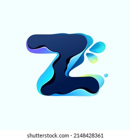 Z letter eco logo with blue dew drops in hologram glitch style. Environment friendly icon with color shift and illusion effect. Vector idea for waste recycling identity or organic merchandise.