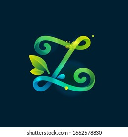 Z letter eco logo with green curved lines, leaves and dew drops. Vector handwritten script font for nature labels, bio company, spring posters etc.