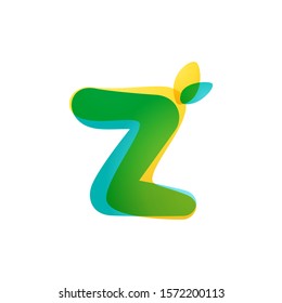 Z letter eco logo. Overlapping gradient font with green leaves. Vector green template can be used for eco, vegan, bio, raw, organic.
