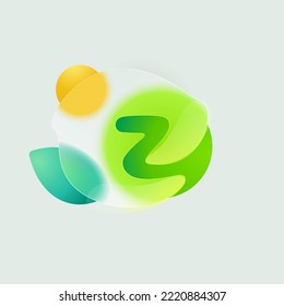 Z letter eco logo in round splash with green leaf and sun. Realistic glassmorphism style translucent icon. Environment friendly negative space emblem for agriculture advertising, and healthy food.