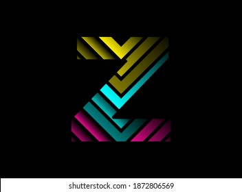 Z letter font logo with cmyk color. Dynamic split blue, pink, yellow color on black background. For social media,design elements, creative poster, brand label and more