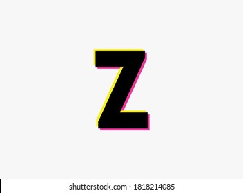 Z Letter font, vector desing alphabet. Dynamic, split-color, shadow of  number pink and yellow on white background. For logo, social media,design elements, creative poster, etc.