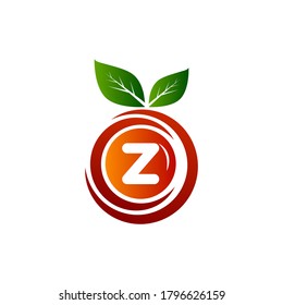 Z letter fruit logo with green leaf and gradient.Z Letter Orange logo design.Z letter circle fruit logo design.Leaf and fruit logo with Z letter