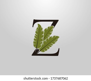 Z Letter With Green Banana Leaf, Tropical Alphabet Sign Design Concept.