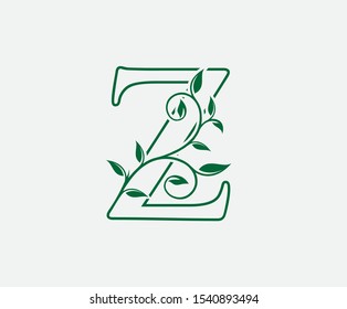 Z Letter. Green Leaf Letter Z Logo Vector,  Eco Bio Leaf Letter Icon Illustration Logo.