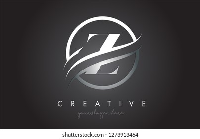 Z Letter Icon Logo Design with Circle Steel Swoosh Border and Metal Texture. Creative Z Design Vector Illustration.