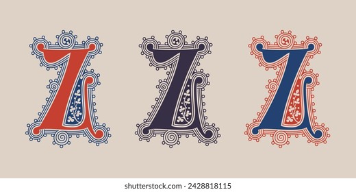 Z letter illuminated gothic monogram with naturalistic flowers ornament. German drop cap. Dark age decorative logo. Classic medieval red and blue Latin initials font based on XIV century manuscript.