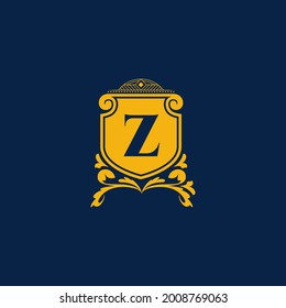 Z Letter Initial with Royal Template. Elegant with crown logo vector, Creative Lettering Logo Vector Illustration. Royal shields badges, Coat of Arm Logo Concept.