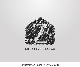 Z Letter Logo. Abstract hand drawn house line stroke shape with negative space of letter Z. Modern, minimalist and retro concept design. 