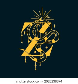 Z letter logo in the astrological style. Hand drawn monogram for magic postcards, medieval style posters, esoteric advertise, luxury ornate T-shirts.