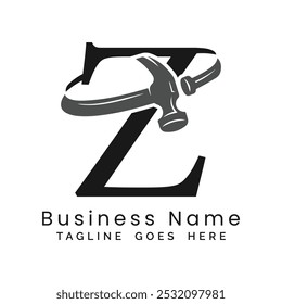 Z Letter logo construction vector for woodworking company. Alphabet Z hammer template illustration