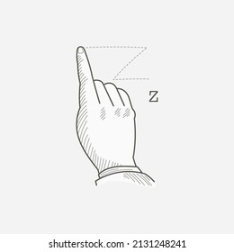 Z Letter Logo In A Deaf-mute Hand Gesture Alphabet. Hand-drawn Engraving Style Vector American Sign Language Illustration.