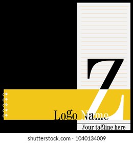 Z Letter logo design with a blend of black and white color font, with yellow and white paper as decoration isolated on black background.