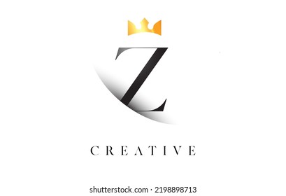 Z Letter Logo Design with Golden Luxury Royal Crown Icon and Shadow Letter Vector. Serif Font z Logo Elegant Minimalist Design.