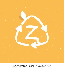 Z letter logo inside reuse sign in grunge linear style. Flat design of recycling symbol and leaves for your upcoming eco-friendly and zero waste projects. 