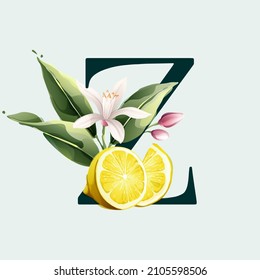 Z letter logo with lemons in vector watercolor style. Illustration of green leaves, flowers, buds, and branches. Citrus fruit slices and splashing juice arrangements.