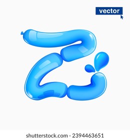 Z letter logo made of blue clear water and dew drops. Eco-friendly realistic 3D twisted balloons. Vector elements in plastic cartoon style. Perfect for pure nature banner, healthy filter labels.