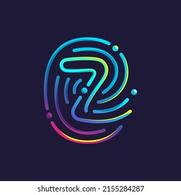 Z letter logo made of fingerprint. Multicolor line icon with vivid gradients and shine. Perfect for online payment art, biometric design, nightlife advertising, digital packaging, modern identity.