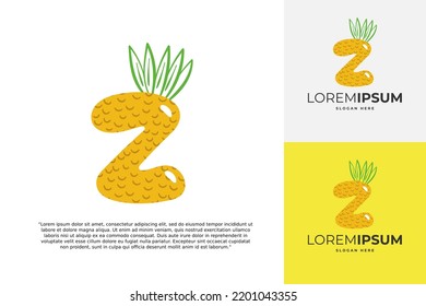 Z letter logo made of pineapple. Fruit handmade calligraphy for agricultural identity, restaurant cards, kids t-shirt, summer prints, etc