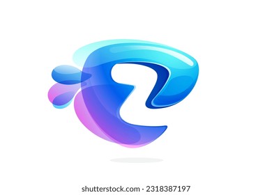 Z letter logo made of spring water and dew drops. Environment friendly initial. Pure eco emblem in overlapping watercolor style. 3D realistic icon in round triangle arrow shape. Vector play button.