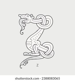 Z letter logo. Medieval drop caps monogram. Initials made of spiral Celtic beasts, snake, dragon. Gothic illuminated calligraphy. Middle Ages heraldic ornate capitals. Germanic font for pagan tattoos.