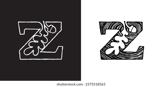 Z letter logo with oak leaf and acorn. Tree cross-section. Natural wood texture, ring pattern. Trunk saw cut. Negative space emblem. Vector icon for eco identity, university coat of arms, vintage adv.
