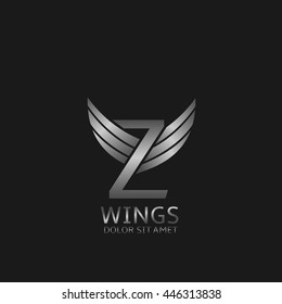 Z letter logo. Silver wings symbol. Silver Z letter logo template for air company
