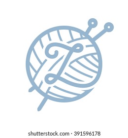 Z letter logo with skein of yarn and knitting needles. Vintage font style, vector design template elements for your yarn shop or corporate identity.